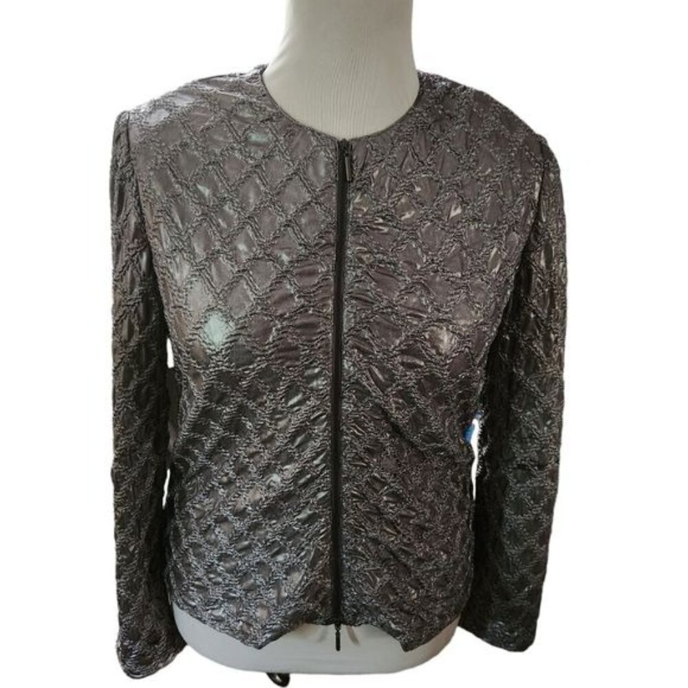 Vintage Joseph Ribkoff Size 12 Textured Silver Full Zip Blazer Jacket